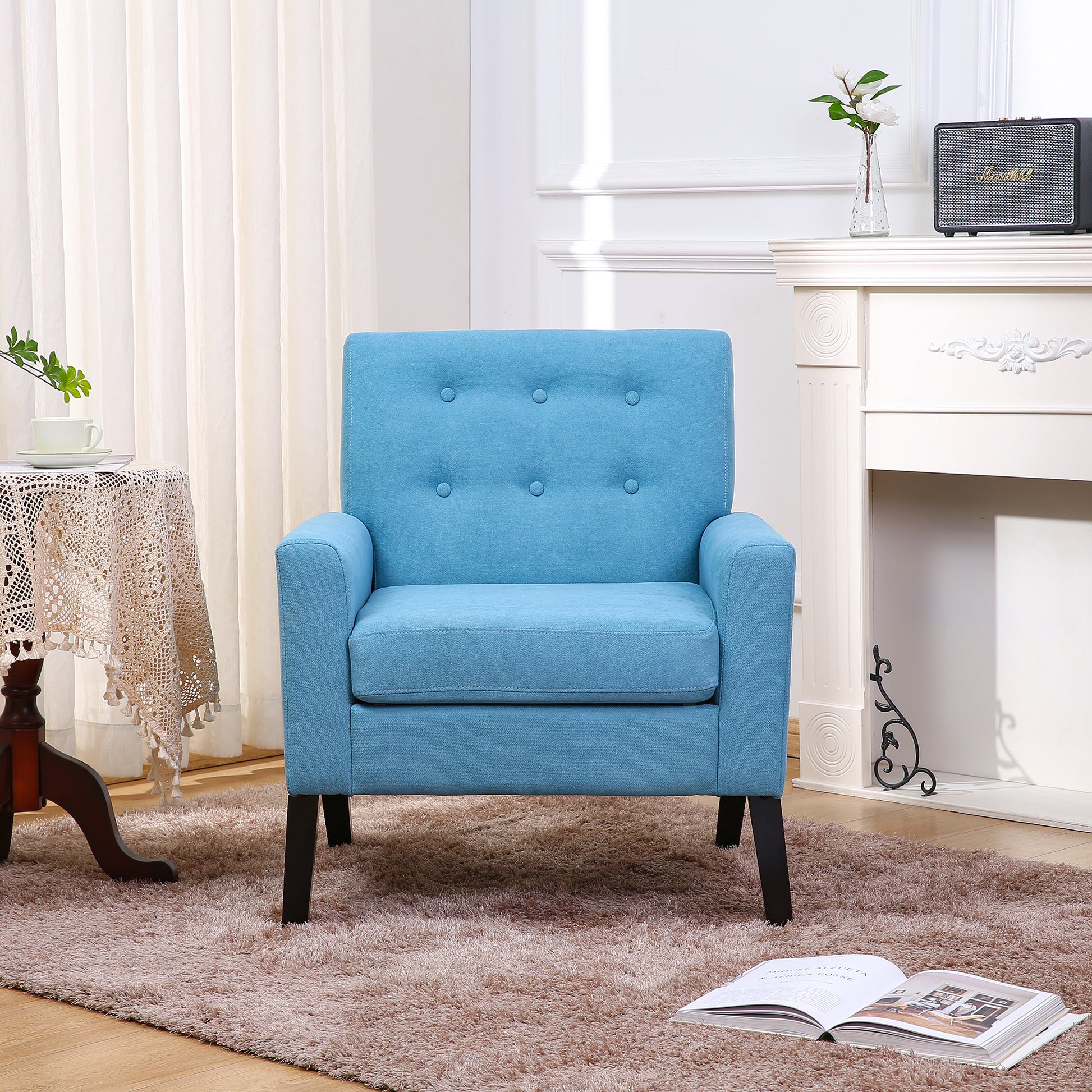 Fabric Accent Chair For Living Room, Bedroom Button Tufted Upholstered Comfy Reading Accent Chairs Sofa Blue Blue Brown Primary Living Space American Design Foam Fabric