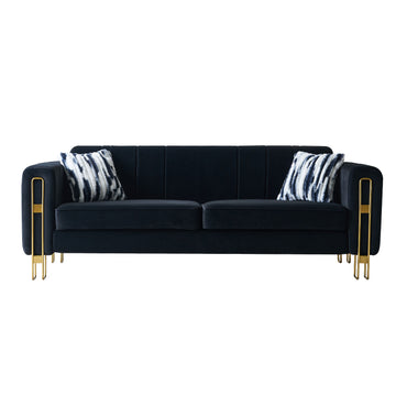 Modern Velvet Sofa 85.04 Inch For Living Room Black Color Black Velvet Wood Tufted Back Modern Square Arms Foam Velvet 2 Seat