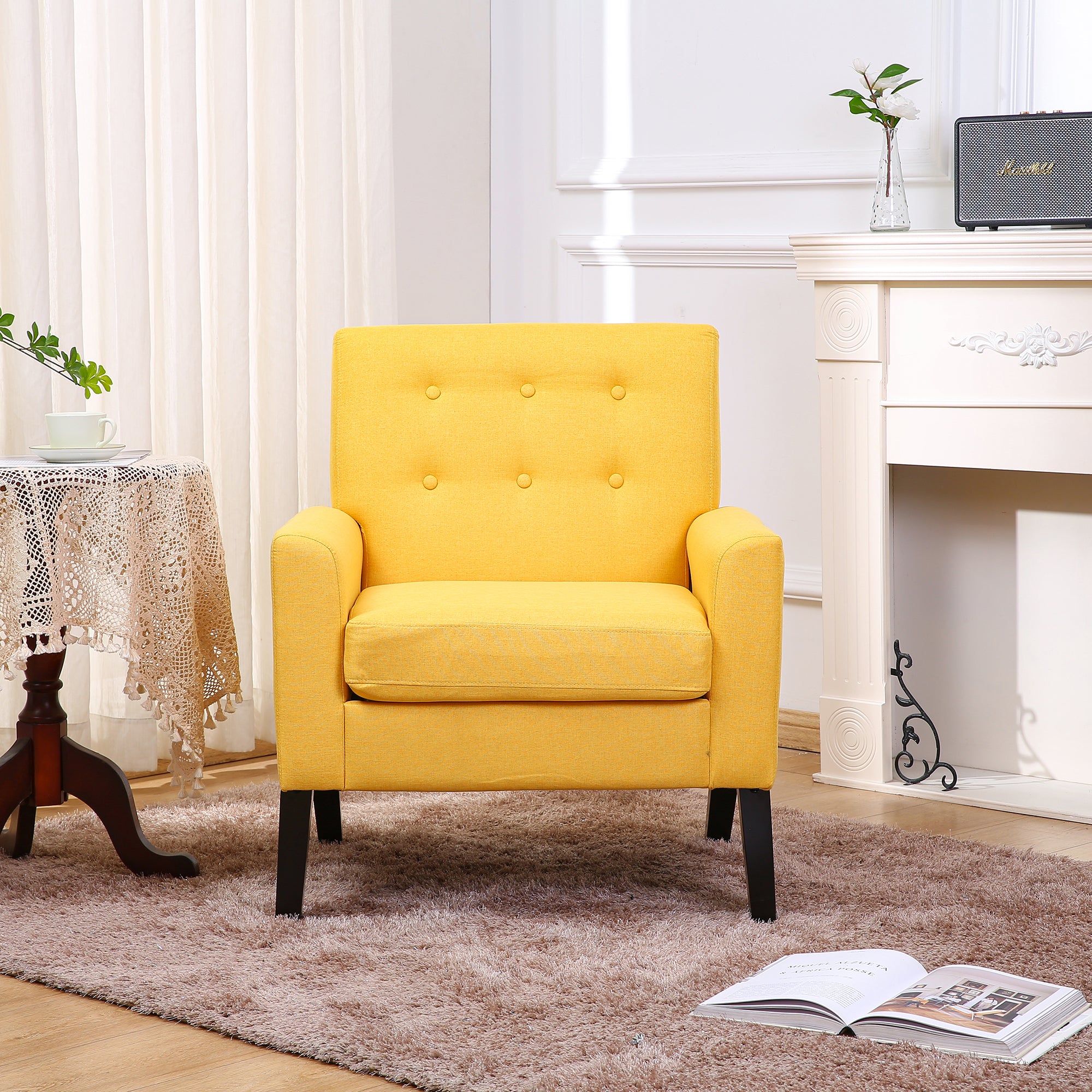 Downloads: 20 Fabric Accent Chair For Living Room, Bedroom Button Tufted Upholstered Comfy Reading Accent Chairs Sofa Yellow Yellow Brown Primary Living Space American Design Foam Fabric