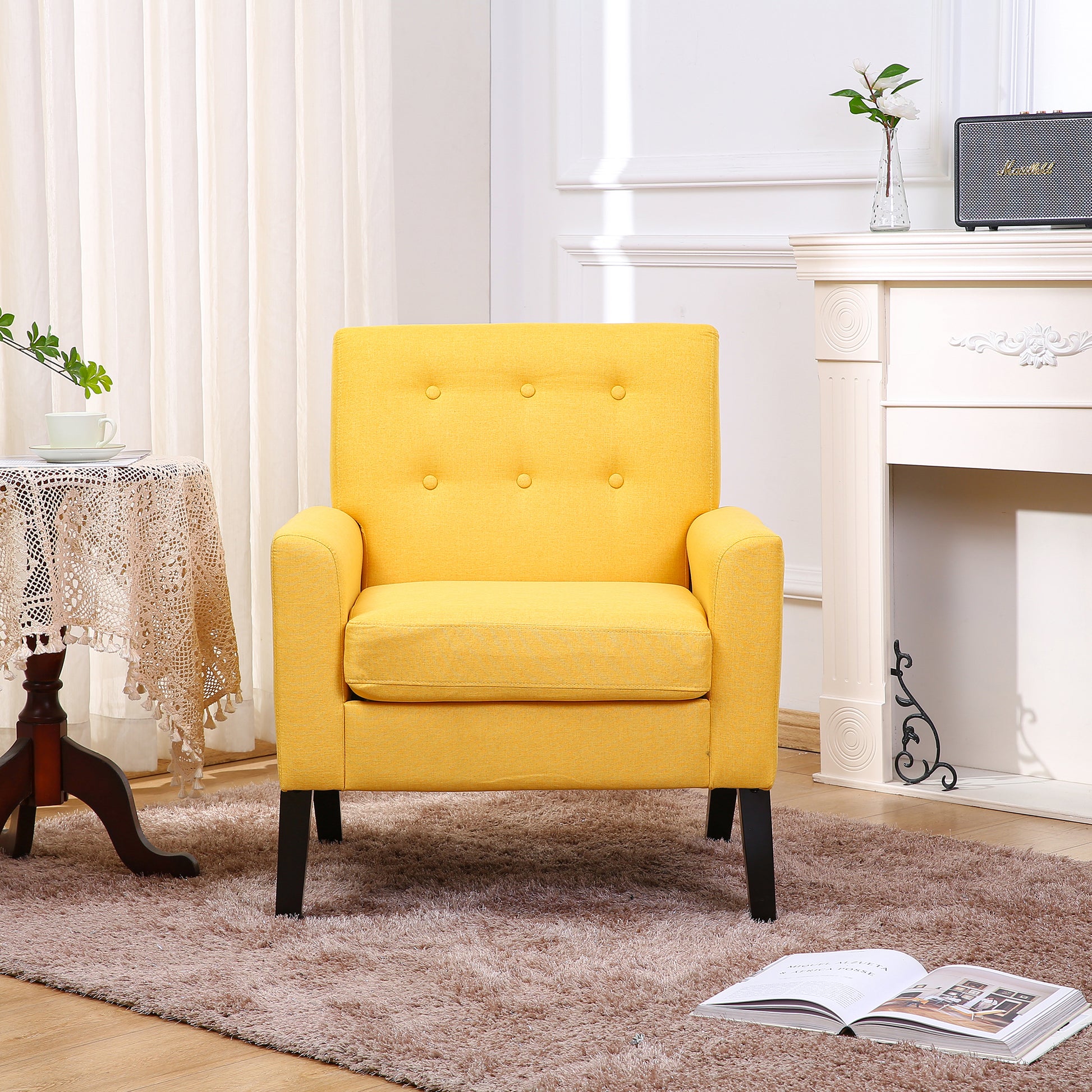 Downloads: 20 Fabric Accent Chair For Living Room, Bedroom Button Tufted Upholstered Comfy Reading Accent Chairs Sofa Yellow Yellow Brown Primary Living Space American Design Foam Fabric