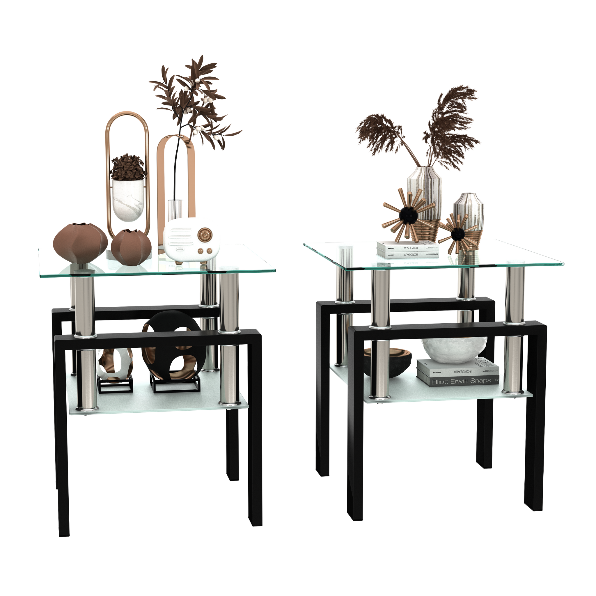 Set Of 2, Modern Tempered Glass Tea Table Coffee Table End Table, Square Table For Living Room, Transparent Black Transparent Tempered Glass