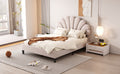 Full Size Upholstered Platform Bed With Flower Pattern Velvet Headboard, Beige Beige Velvet