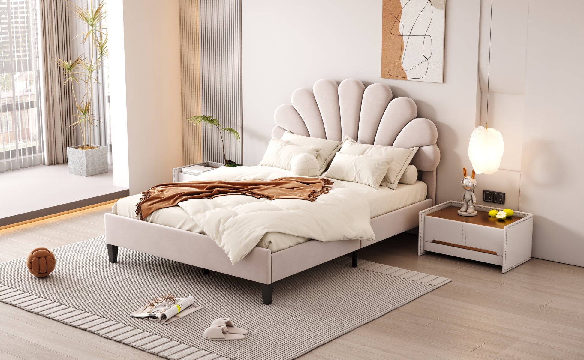 Full Size Upholstered Platform Bed With Flower Pattern Velvet Headboard, Beige Beige Velvet