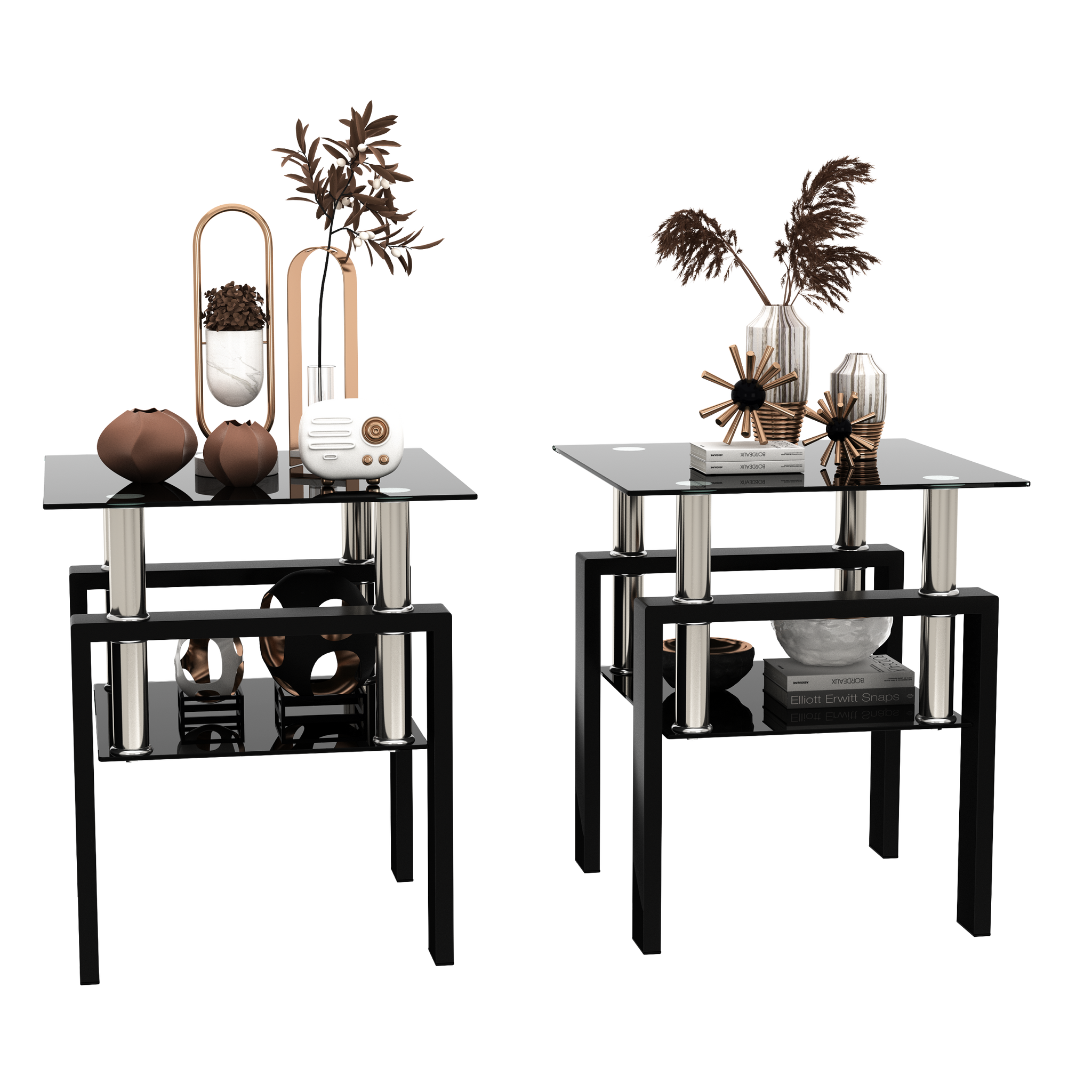 Set Of 2, Modern Tempered Glass Tea Table Coffee Table End Table, Square Table For Living Room, Black Black Tempered Glass