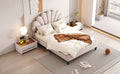 Full Size Upholstered Platform Bed With Flower Pattern Velvet Headboard, Beige Beige Velvet