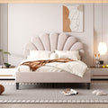 Full Size Upholstered Platform Bed With Flower Pattern Velvet Headboard, Beige Beige Velvet