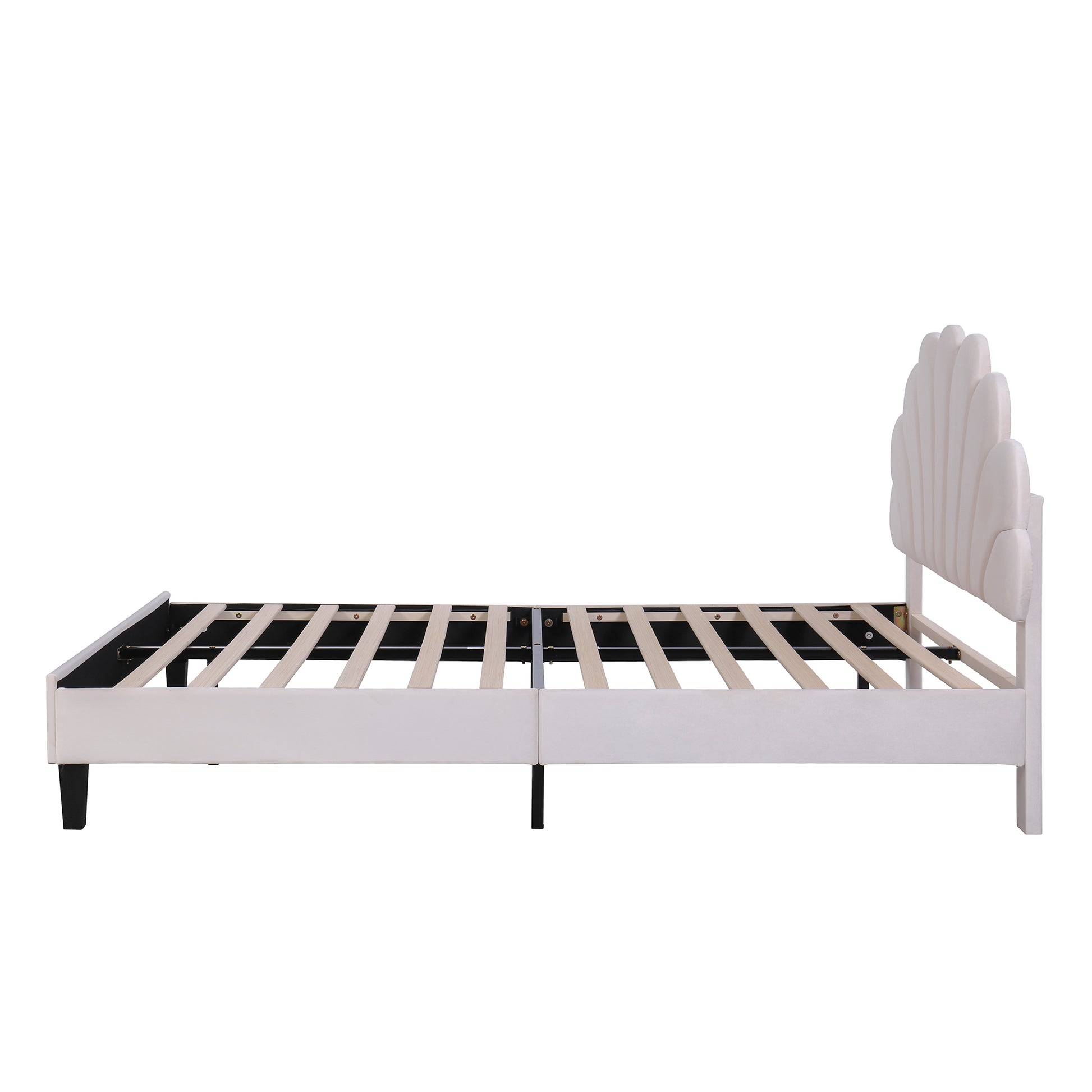 Full Size Upholstered Platform Bed With Flower Pattern Velvet Headboard, Beige Beige Velvet