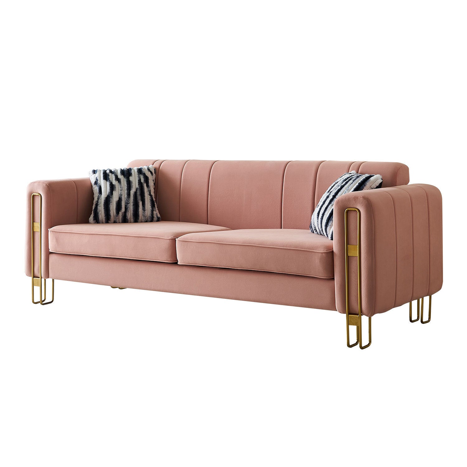 Modern Velvet Sofa 85.04 Inch For Living Room Blush Pink Color Brush Pink Teddy Velvet Wood Tufted Back Modern Square Arms Foam Velvet 2 Seat