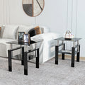 Set Of 2, Modern Tempered Glass Tea Table Coffee Table End Table, Square Table For Living Room, Black Black Tempered Glass
