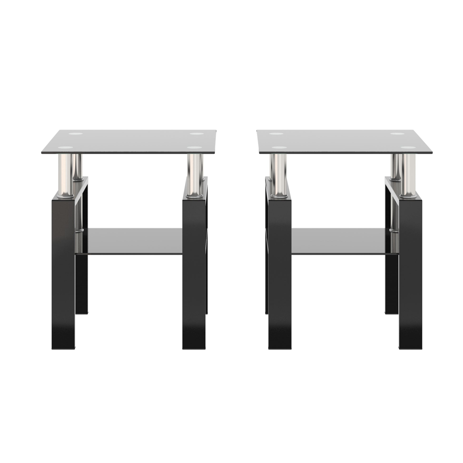 Set Of 2, Modern Tempered Glass Tea Table Coffee Table End Table, Square Table For Living Room, Black Black Tempered Glass