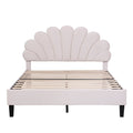 Full Size Upholstered Platform Bed With Flower Pattern Velvet Headboard, Beige Beige Velvet