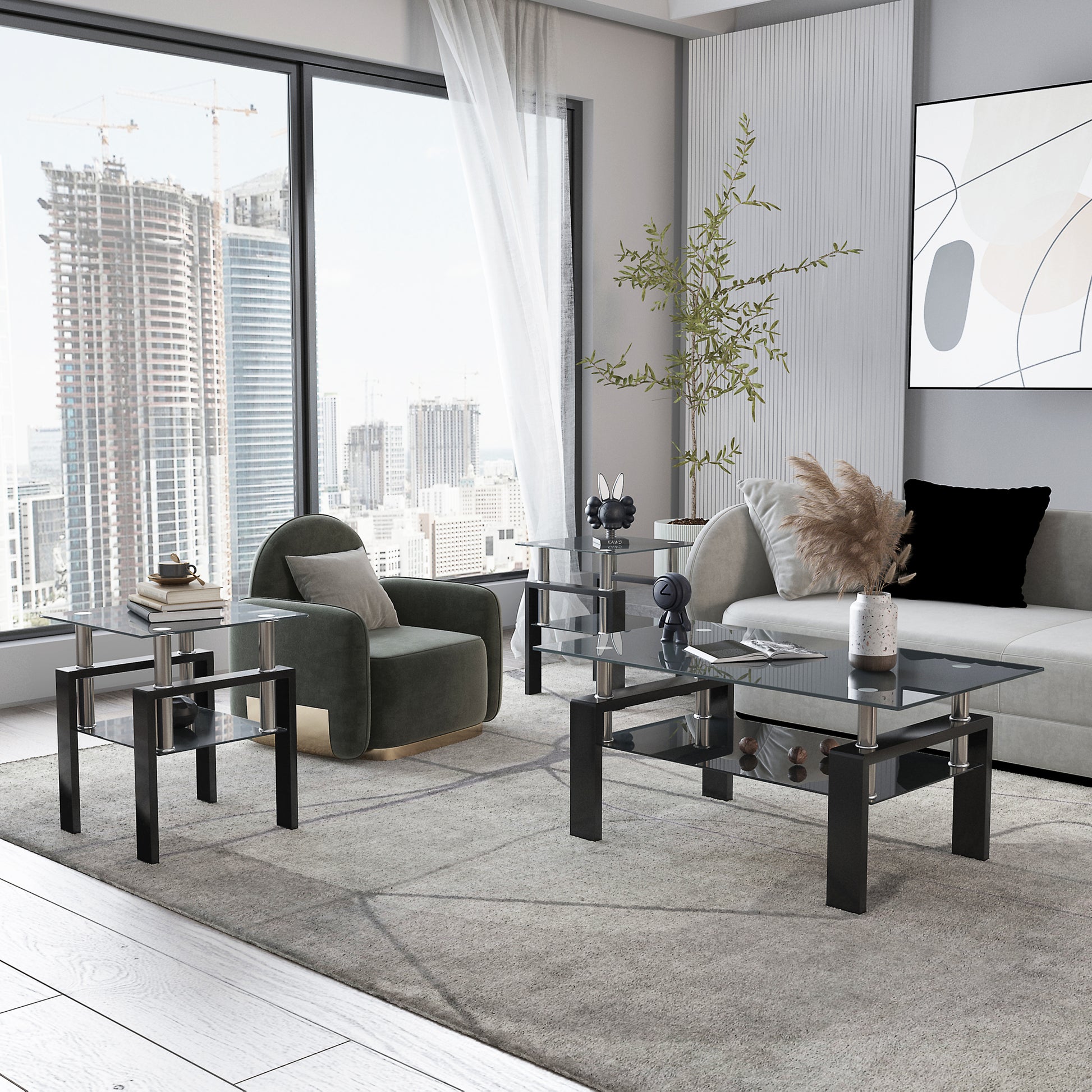 Set Of 2, Modern Tempered Glass Tea Table Coffee Table End Table, Square Table For Living Room, Black Black Tempered Glass