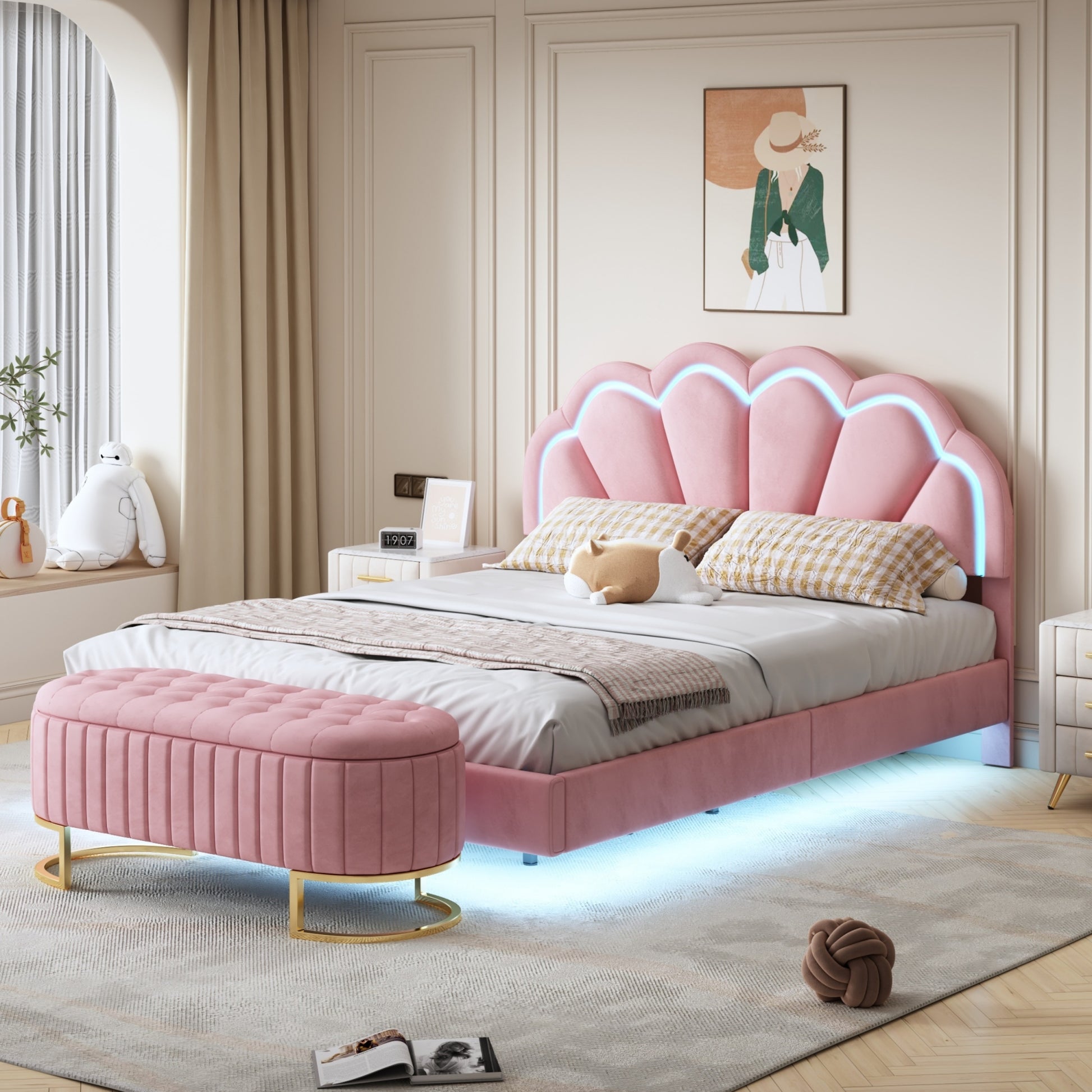 2 Pieces Bedroom Sets,Queen Size Upholstered Led Platform Bed With Storage Ottoman Velvet,Pink Pink Velvet