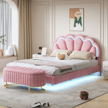 2 Pieces Bedroom Sets,Queen Size Upholstered Led Platform Bed With Storage Ottoman Velvet,Pink Pink Velvet
