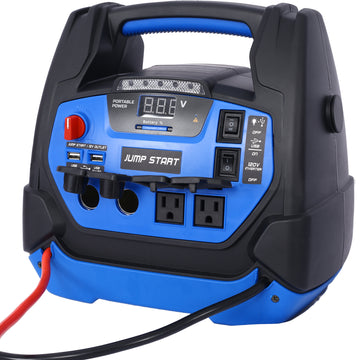 Rechargeable Jump Starter For Gas Diesel Vehicles 1800 Amps With Air Compressor And Ac, 12V Dc, Usb Power Station Black Blue Abs