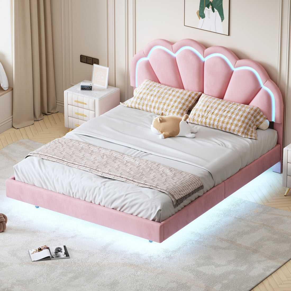 Queen Upholstered Smart Led Bed Frame With Elegant Flowers Headboard,Floating Velvet Platform Led Bed With Wooden Slats Support,Pink Pink Velvet