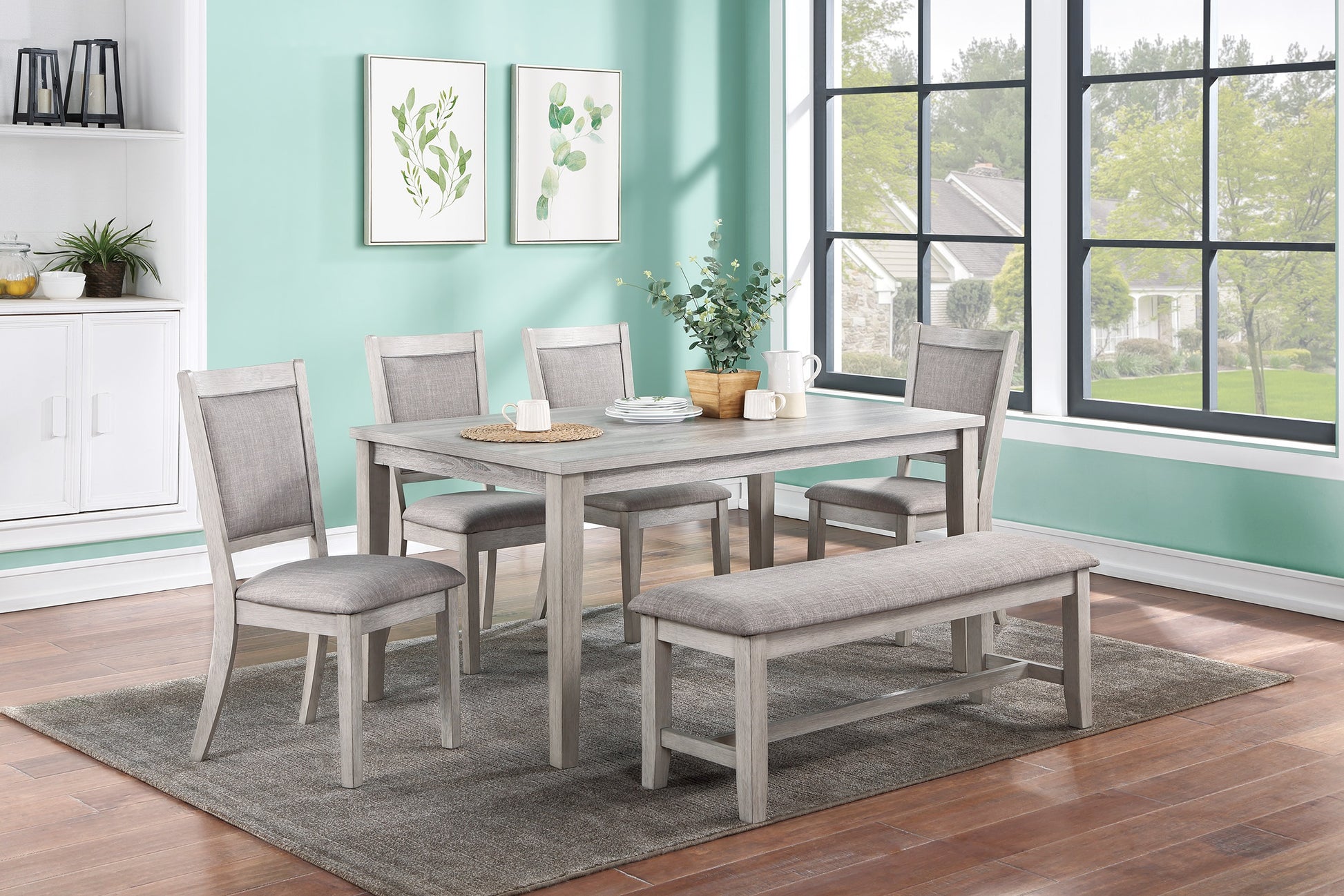 Contemporary Dining 6Pc Set Table W 4X Side Chairs And Bench Natural Finish Padded Cushion Seats Chairs Rectangular Dining Table Dining Room Furniture Wood Dining Room Bench Seating Rubberwood Rectangular Dining Table With Chair And Bench Upholstered
