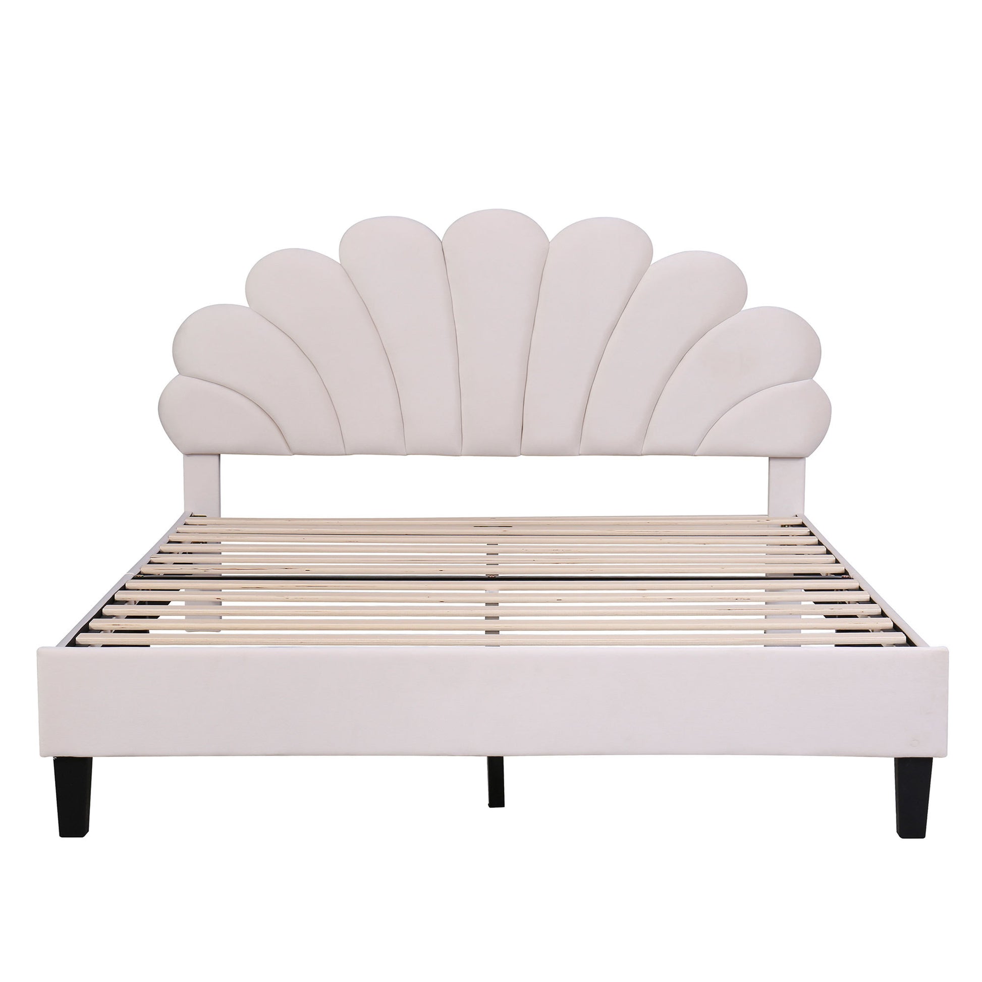 Queen Size Upholstered Platform Bed With Flower Pattern Velvet Headboard, Beige Beige Velvet