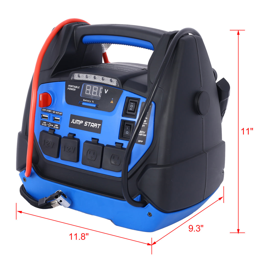Rechargeable Jump Starter For Gas Diesel Vehicles 1800 Amps With Air Compressor And Ac, 12V Dc, Usb Power Station Black Blue Abs