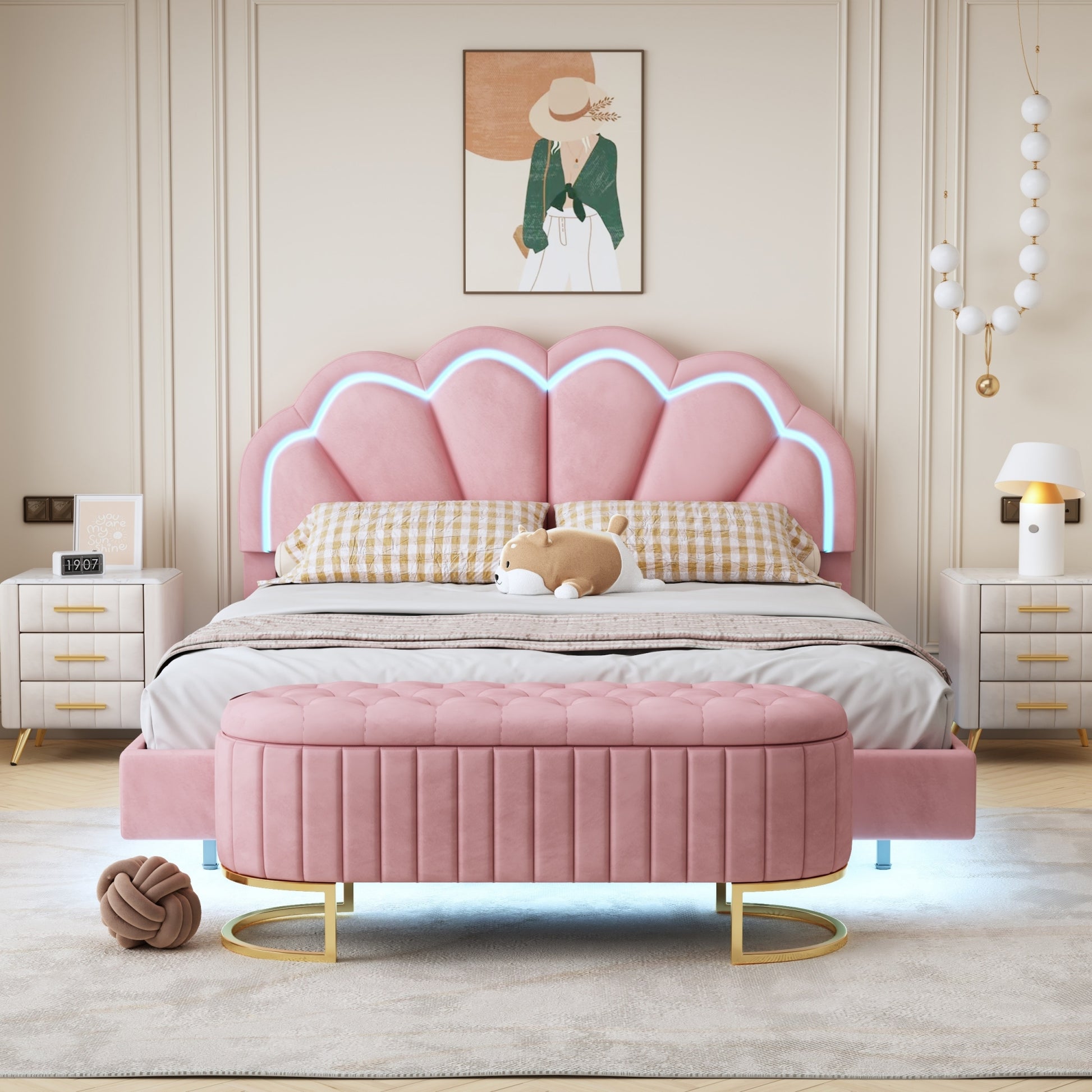 2 Pieces Bedroom Sets,Queen Size Upholstered Led Platform Bed With Storage Ottoman Velvet,Pink Pink Velvet
