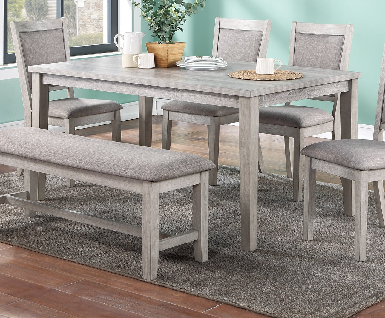 Contemporary Dining 6Pc Set Table W 4X Side Chairs And Bench Natural Finish Padded Cushion Seats Chairs Rectangular Dining Table Dining Room Furniture Wood Dining Room Bench Seating Rubberwood Rectangular Dining Table With Chair And Bench Upholstered