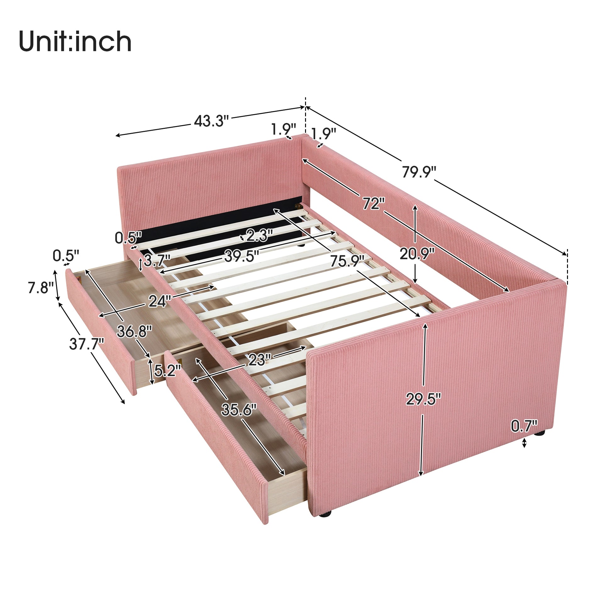 Twin Size Corduroy Daybed With Two Drawers And Wood Slat, Pink Pink Corduroy