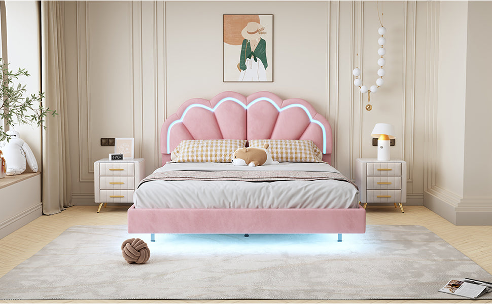 Queen Upholstered Smart Led Bed Frame With Elegant Flowers Headboard,Floating Velvet Platform Led Bed With Wooden Slats Support,Pink Pink Velvet