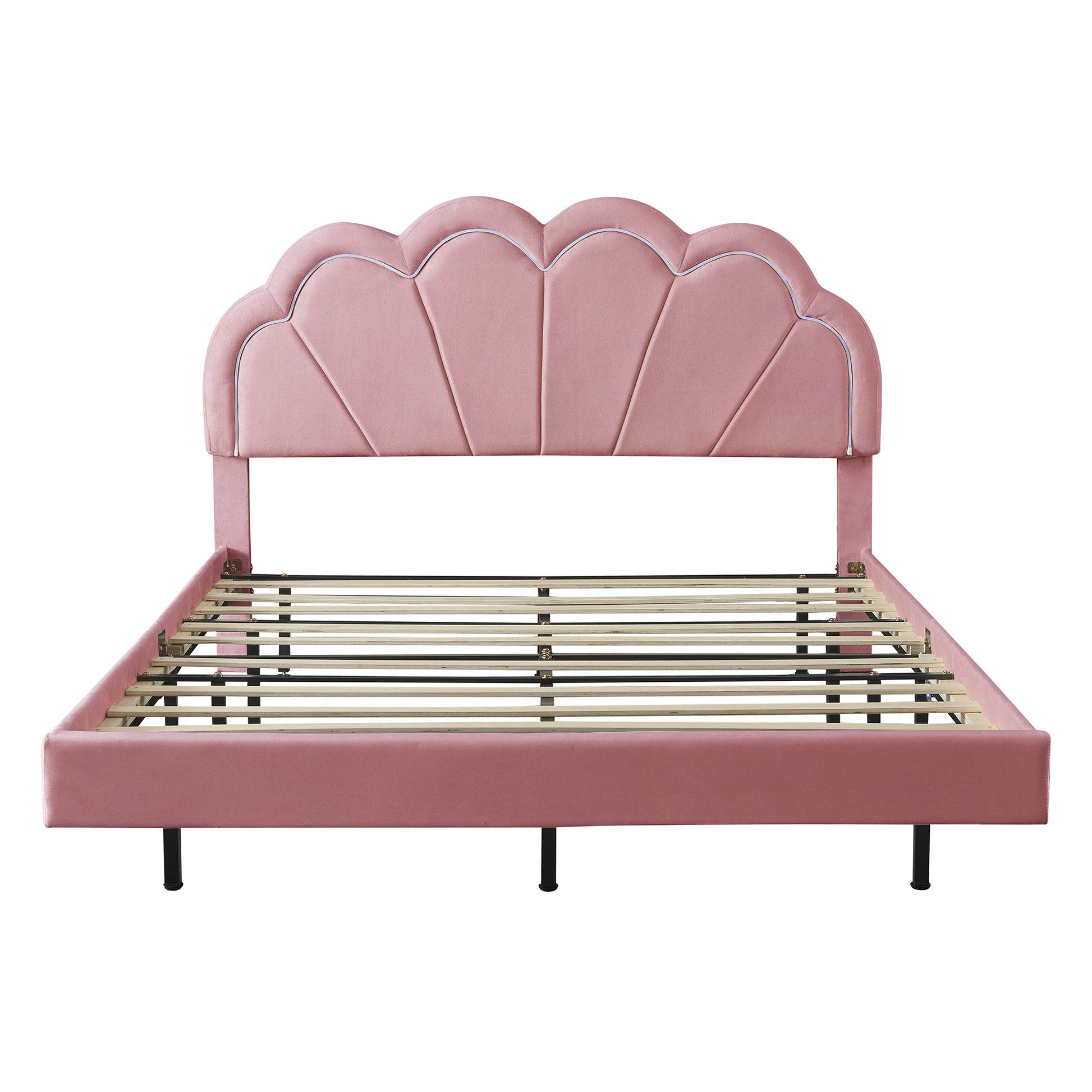 Queen Upholstered Smart Led Bed Frame With Elegant Flowers Headboard,Floating Velvet Platform Led Bed With Wooden Slats Support,Pink Pink Velvet
