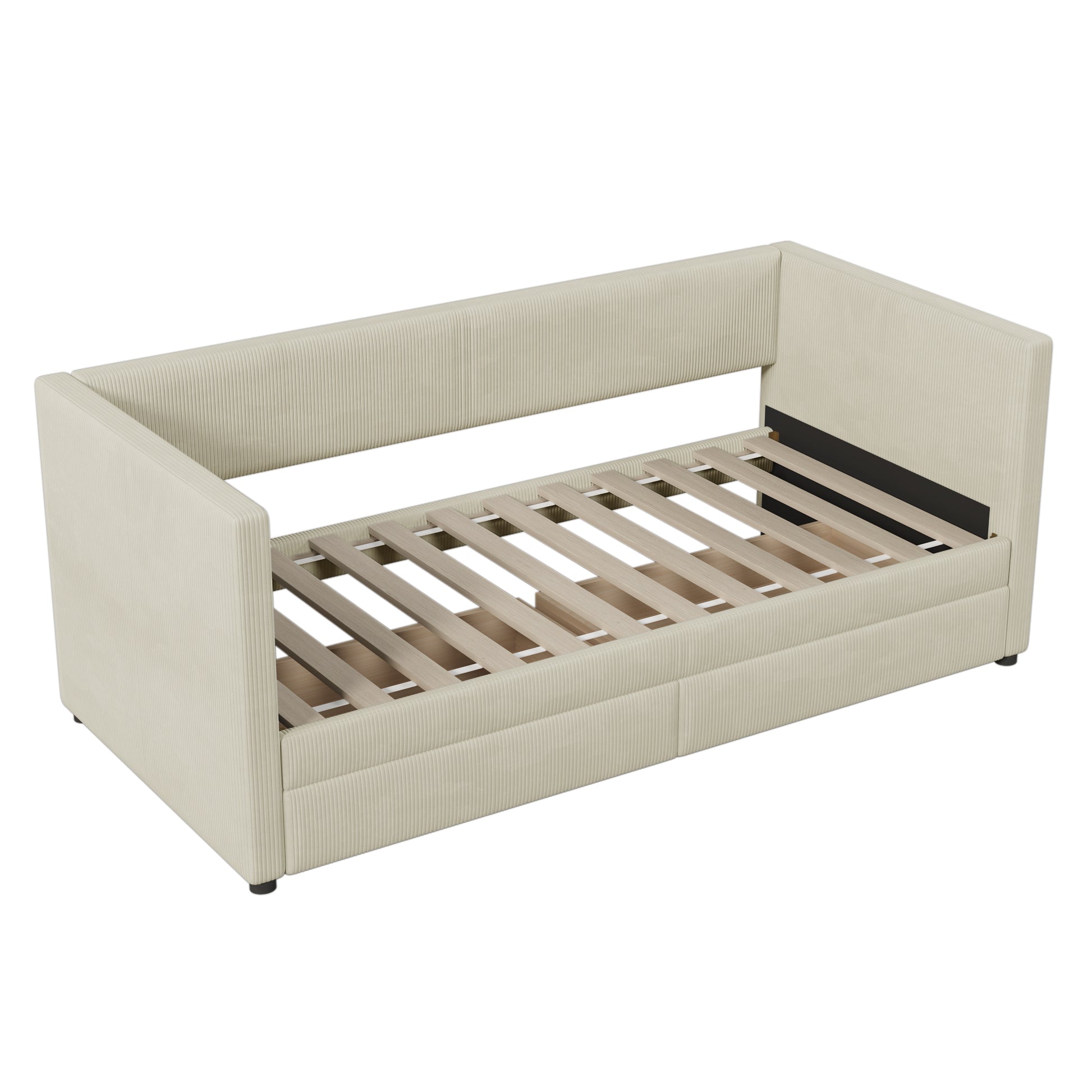 Twin Size Corduroy Daybed With Two Drawers And Wood Slat, Beige Beige Corduroy