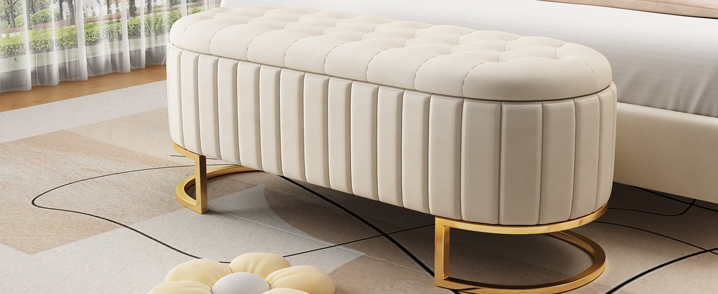 Elegant Upholstered Velvet Storage Ottoman With Button Tufted,Storage Bench With Metal Legs For Bedroom,Living Room,Fully Assembled Except Legs,Beige Beige Velvet