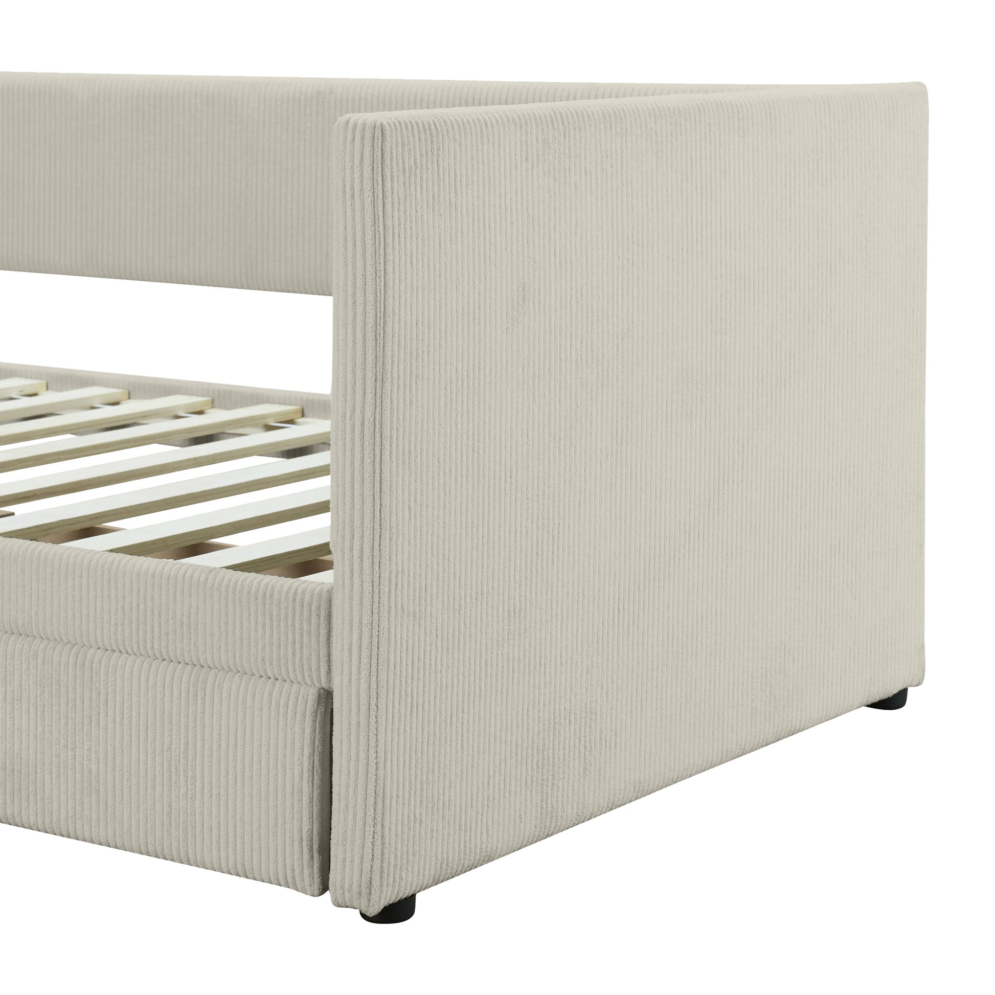 Twin Size Corduroy Daybed With Two Drawers And Wood Slat, Beige Beige Corduroy