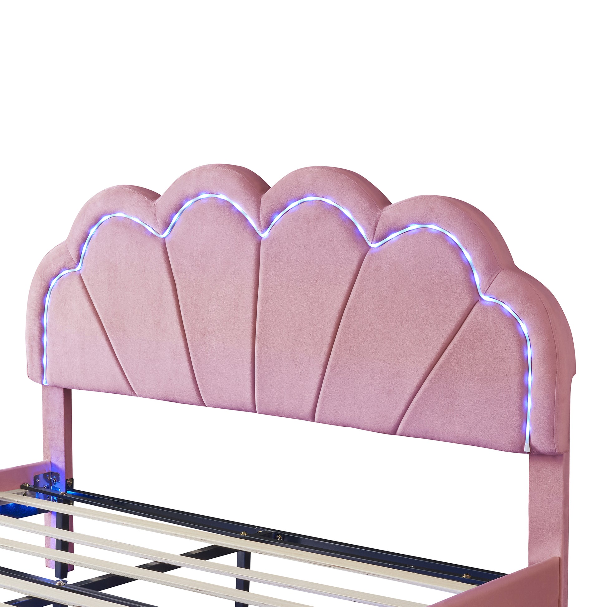 2 Pieces Bedroom Sets,Queen Size Upholstered Led Platform Bed With Storage Ottoman Velvet,Pink Pink Velvet