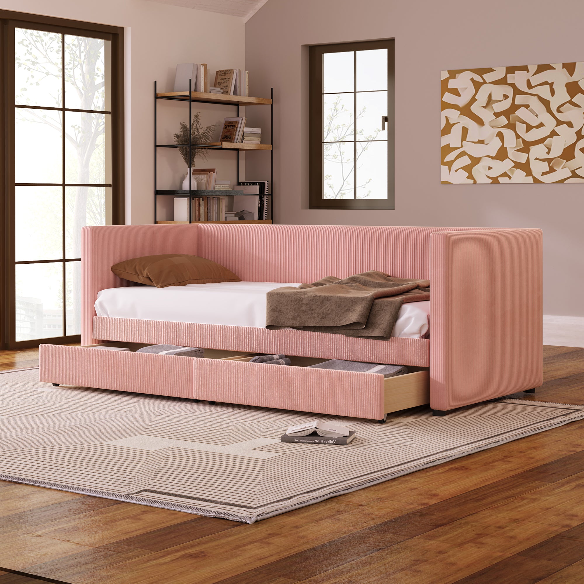 Twin Size Corduroy Daybed With Two Drawers And Wood Slat, Pink Pink Corduroy
