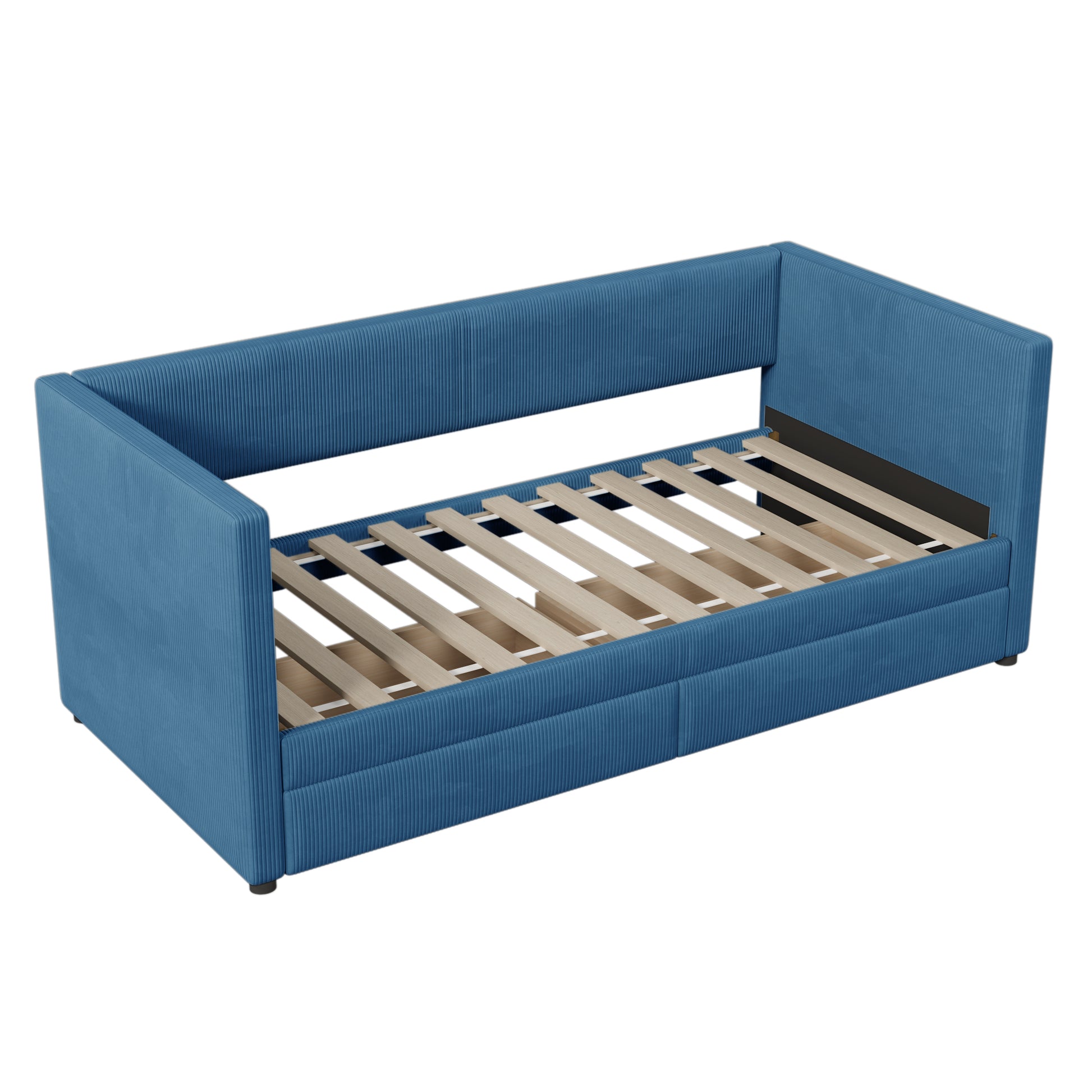 Twin Size Corduroy Daybed With Two Drawers And Wood Slat, Blue Blue Corduroy