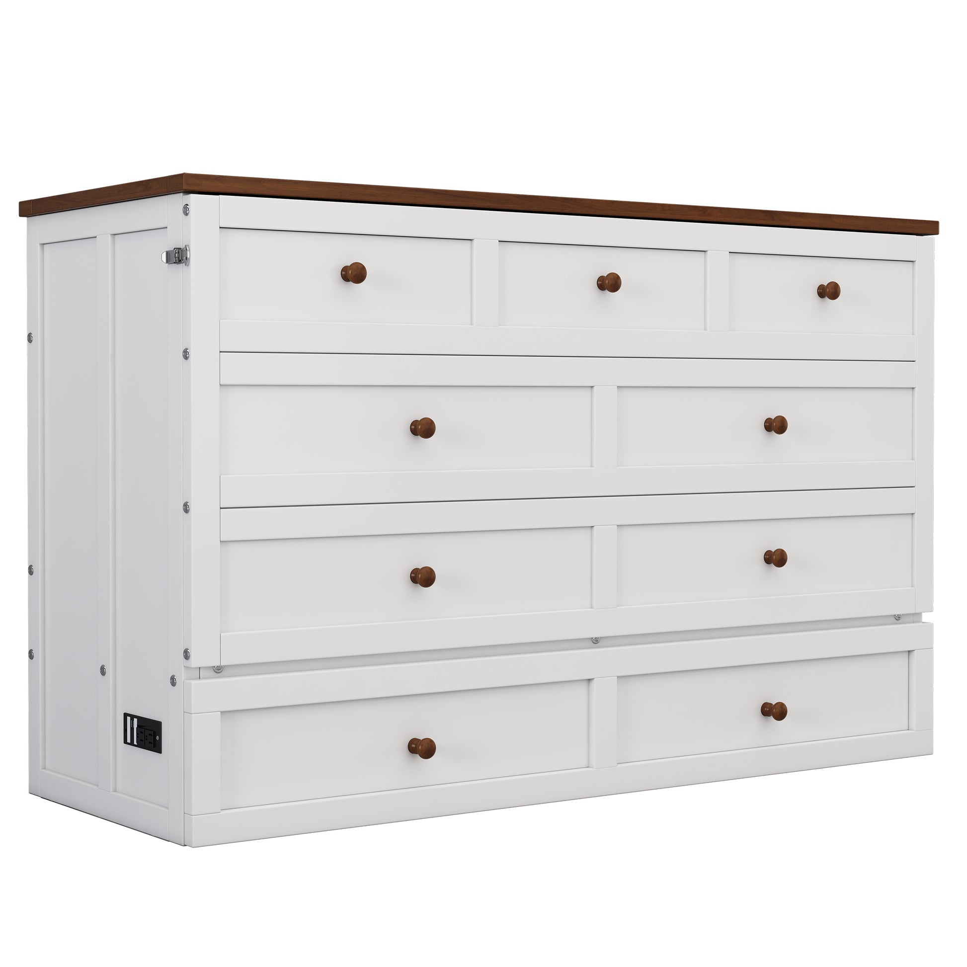 Solid Pine Murphy Bed Chest With Charging Station And Large Storage Drawer For Home Office Or Small Roomfull, White Walnut White Walnut Wood