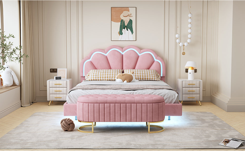 2 Pieces Bedroom Sets,Queen Size Upholstered Led Platform Bed With Storage Ottoman Velvet,Pink Pink Velvet