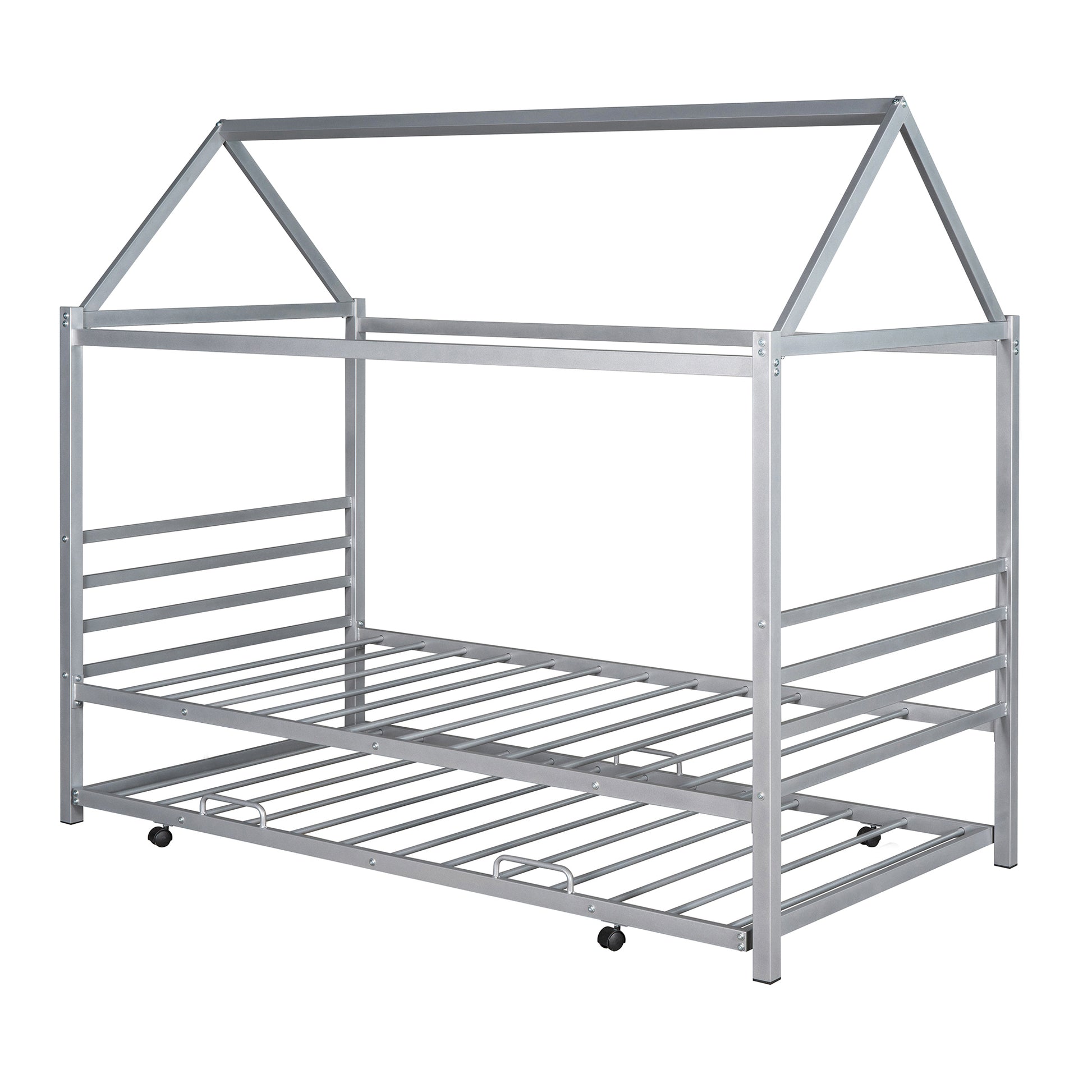 Twin Size Metal House Shape Platform Bed With Trundle,Silver Twin Silver Metal Bedroom Bed Frame Metal