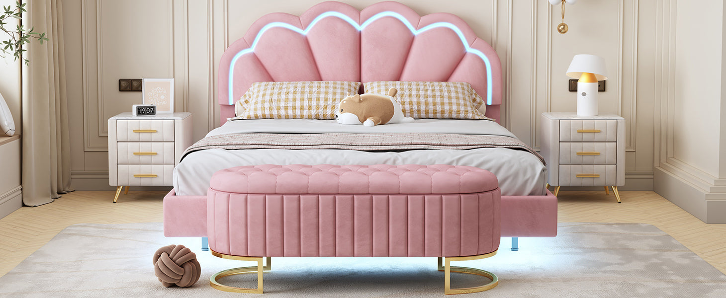 2 Pieces Bedroom Sets,Queen Size Upholstered Led Platform Bed With Storage Ottoman Velvet,Pink Pink Velvet