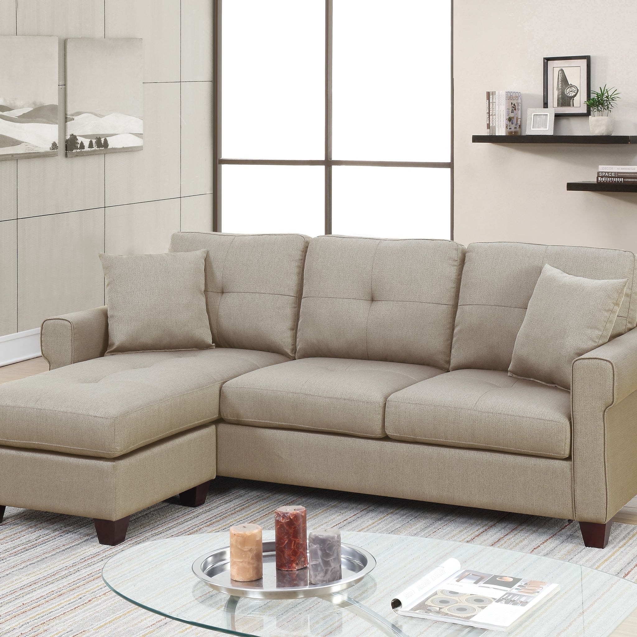 Beige Color Glossy Polyfiber Tufted Cushion Couch Sectional Sofa Chaise Living Room Furniture Reversible Sectionals Chaise Beige Wood Primary Living Space Cushion Back Contemporary,Modern,Transitional L Shaped Pine Square Arms Fabric 3 Seat