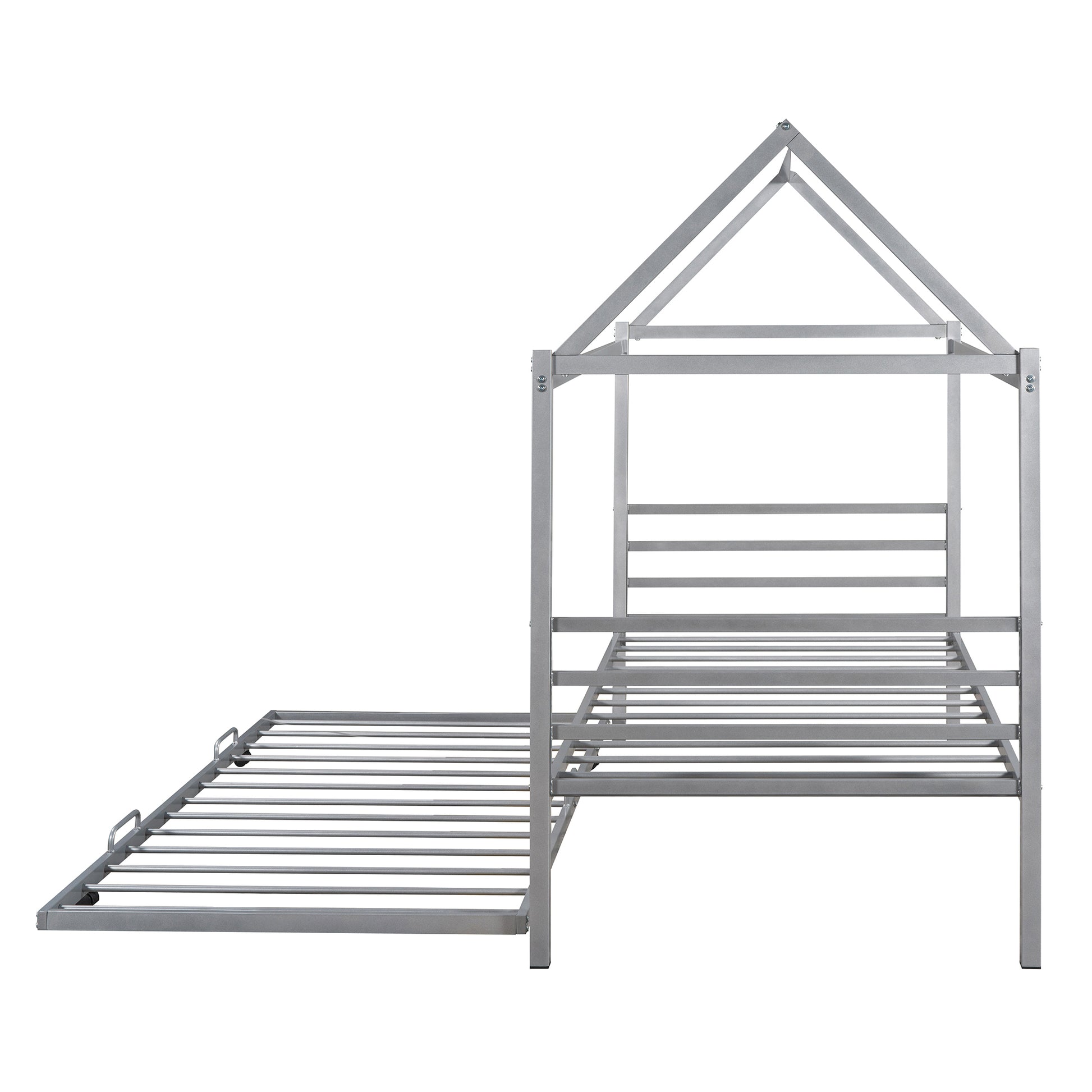 Twin Size Metal House Shape Platform Bed With Trundle,Silver Twin Silver Metal Bedroom Bed Frame Metal