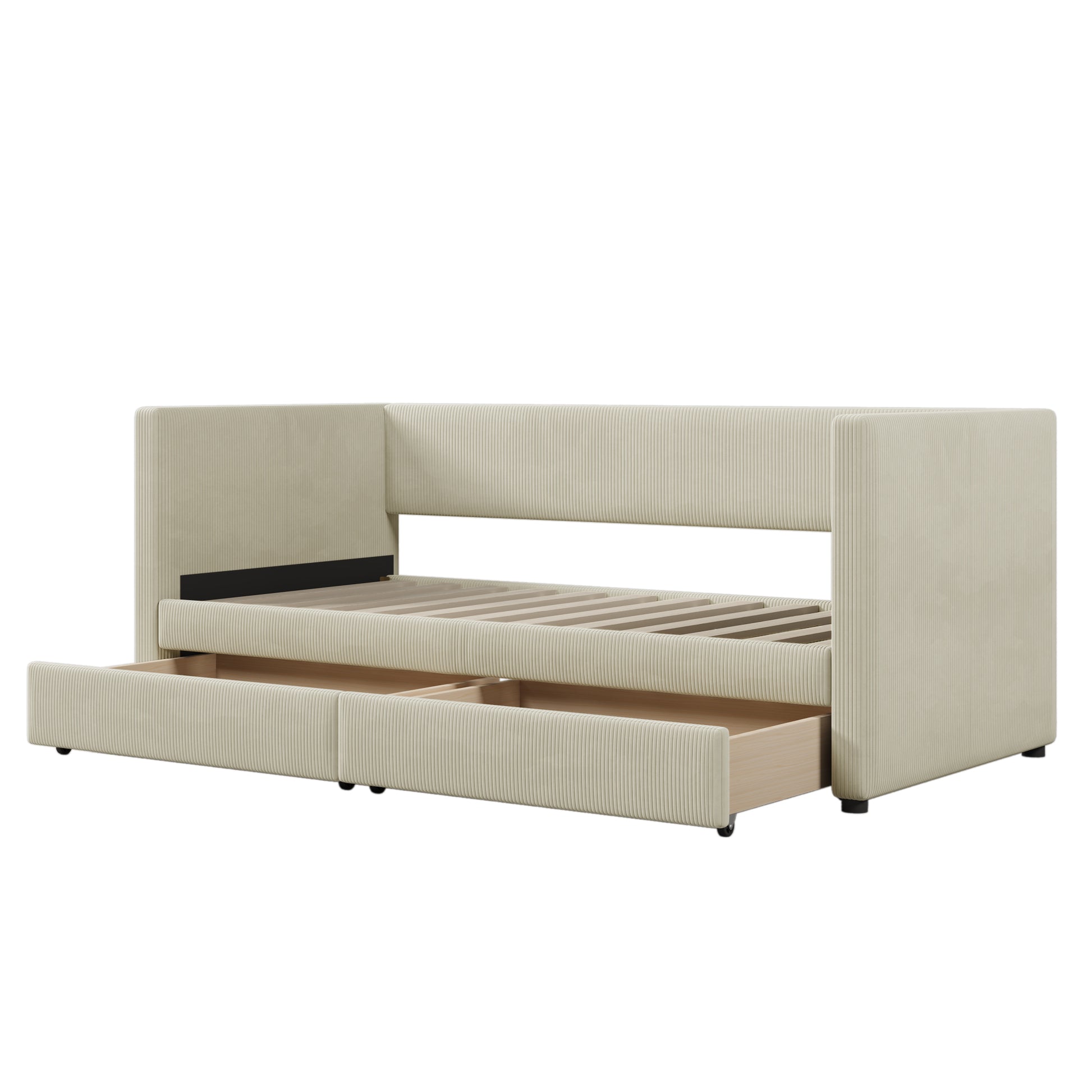 Twin Size Corduroy Daybed With Two Drawers And Wood Slat, Beige Beige Corduroy