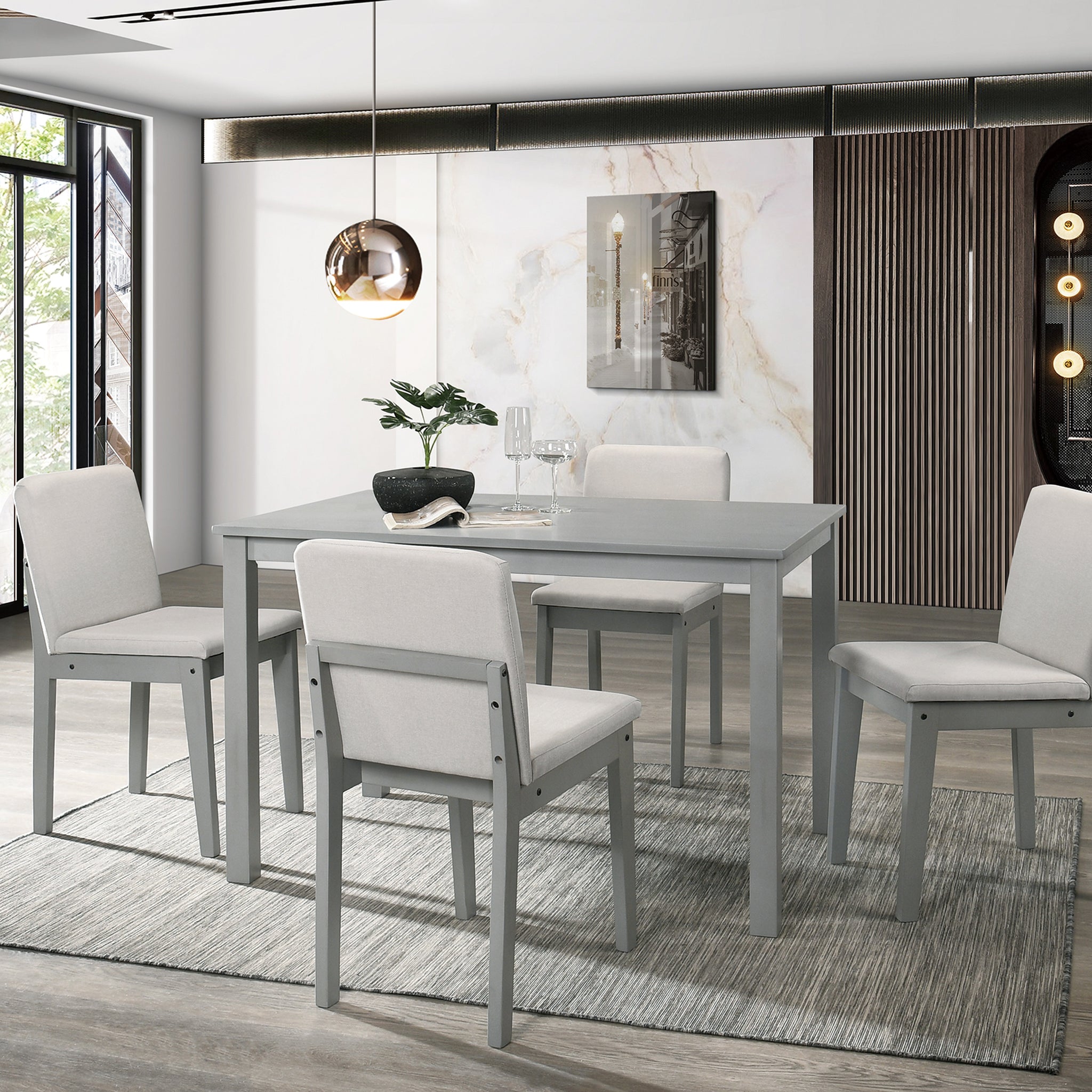 Grey Finish 5Pc Dining Room Set Dining Table 4X Chairs Beige Fabric Chair Seat Kitchen Breakfast Dining Room Furniture Rubberwood Veneer Unique Design Gray Wood Dining Room Rubberwood Rectangular Dining Table With Chair Wood Wood Gray Beige Solid Back