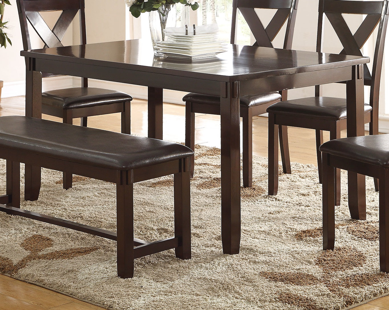 Dining Room Furniture Casual Modern 6Pc Set Dining Table 4X Side Chairs And A Bench Rubberwood And Birch Veneers Espresso Finish Brown Wood Dining Room Bench Seating Birch Rectangular Dining Table With Chair And Bench Wood Wood Espresso Seats 6 60 Inches