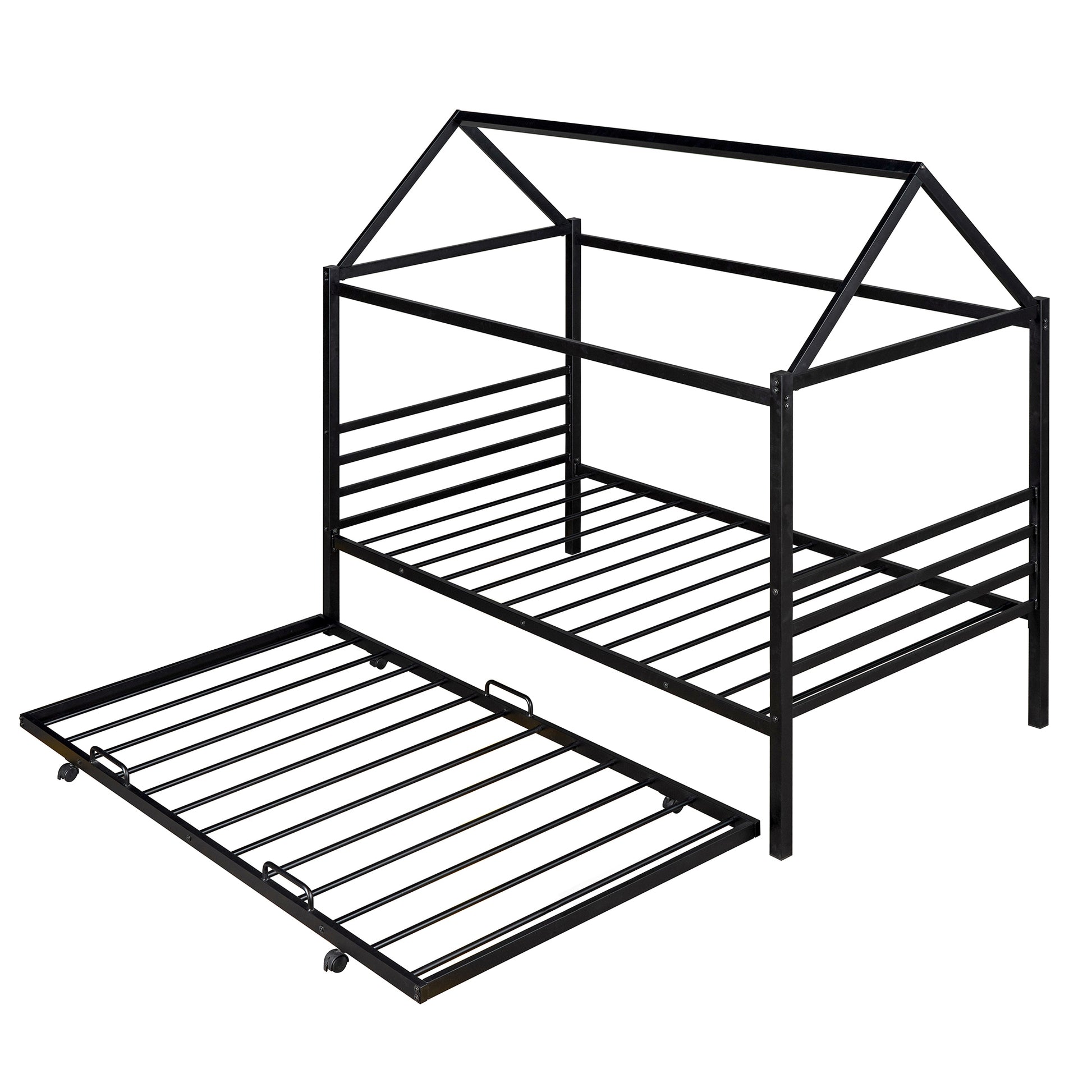 Twin Size Metal House Shape Platform Bed With Trundle,Black Box Spring Not Required Twin Black Metal Bedroom Bed Frame Metal