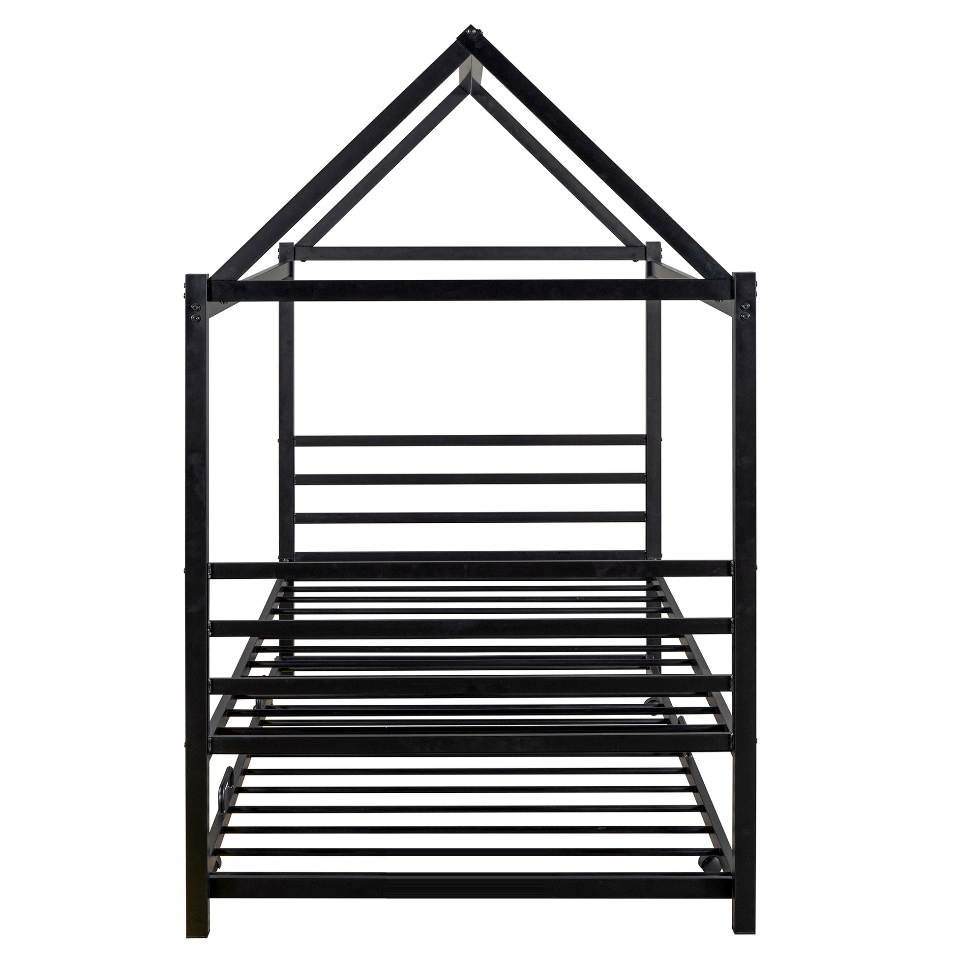 Twin Size Metal House Shape Platform Bed With Trundle,Black Box Spring Not Required Twin Black Metal Bedroom Bed Frame Metal