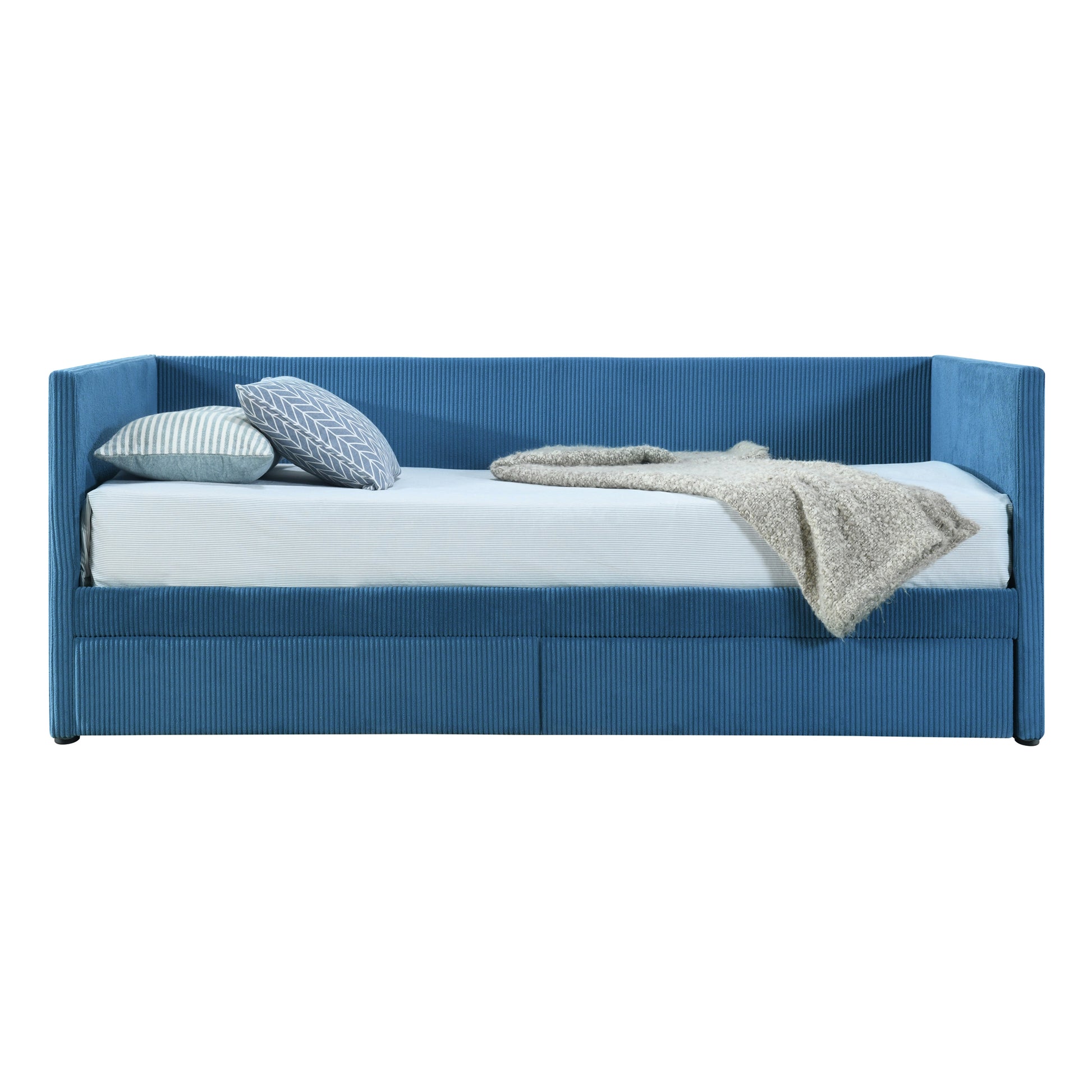 Twin Size Corduroy Daybed With Two Drawers And Wood Slat, Blue Blue Corduroy