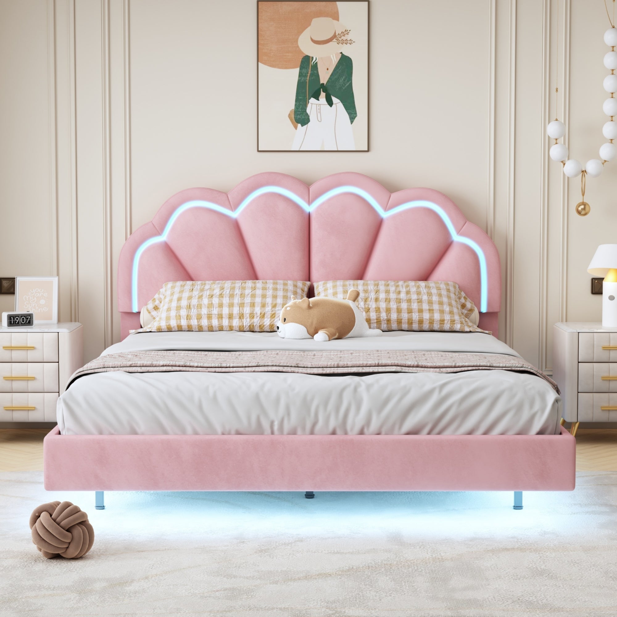 Queen Upholstered Smart Led Bed Frame With Elegant Flowers Headboard,Floating Velvet Platform Led Bed With Wooden Slats Support,Pink Pink Velvet