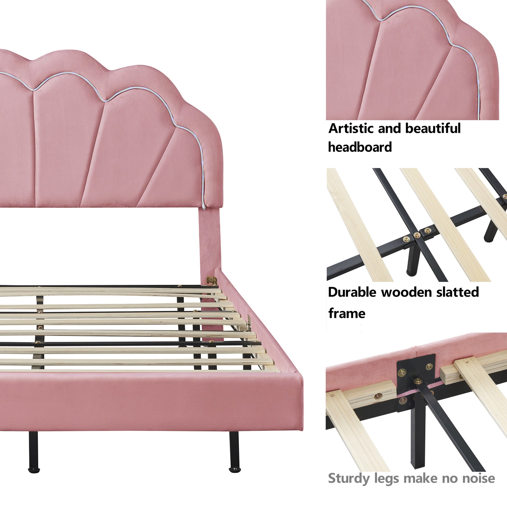Queen Upholstered Smart Led Bed Frame With Elegant Flowers Headboard,Floating Velvet Platform Led Bed With Wooden Slats Support,Pink Pink Velvet