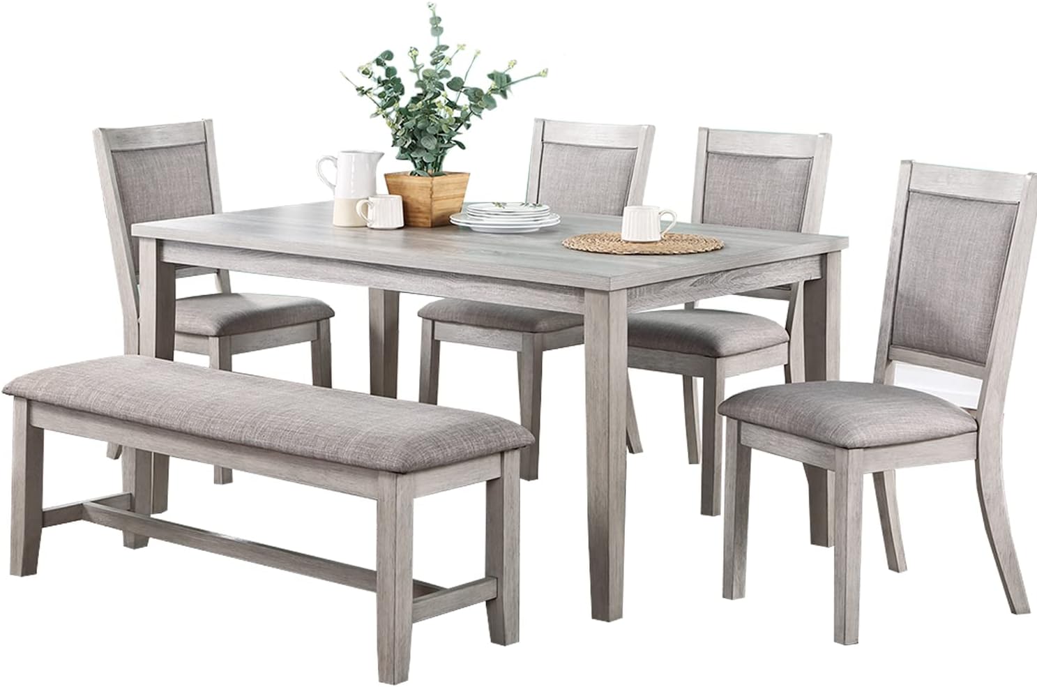 Contemporary Dining 6Pc Set Table W 4X Side Chairs And Bench Natural Finish Padded Cushion Seats Chairs Rectangular Dining Table Dining Room Furniture Wood Dining Room Bench Seating Rubberwood Rectangular Dining Table With Chair And Bench Upholstered
