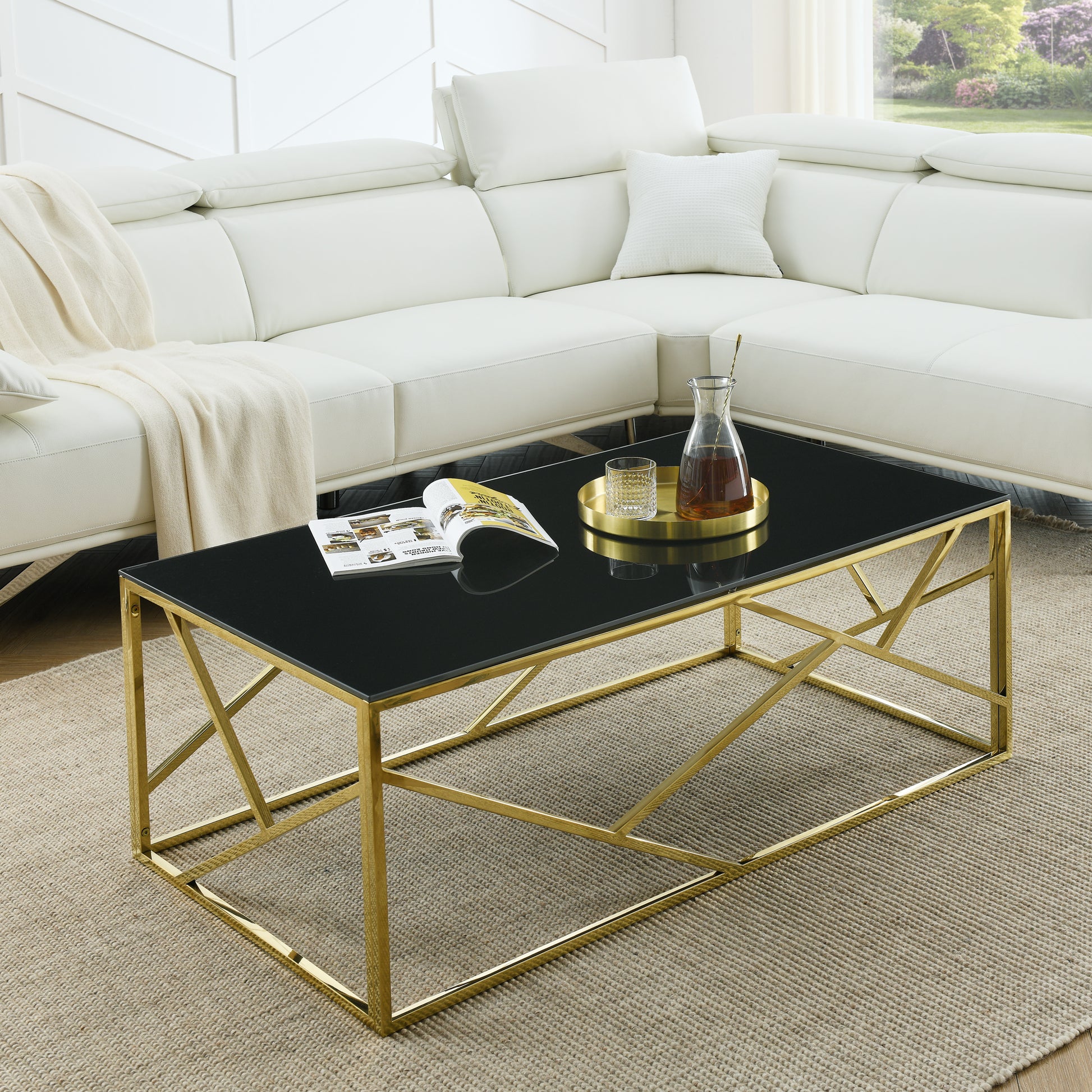 Modern Rectangular Coffee Accent Table With Black Tempered Glass Top And Stainless Steel Frame For Living Room Bedroom Gold Polished Golden Stainless Steel